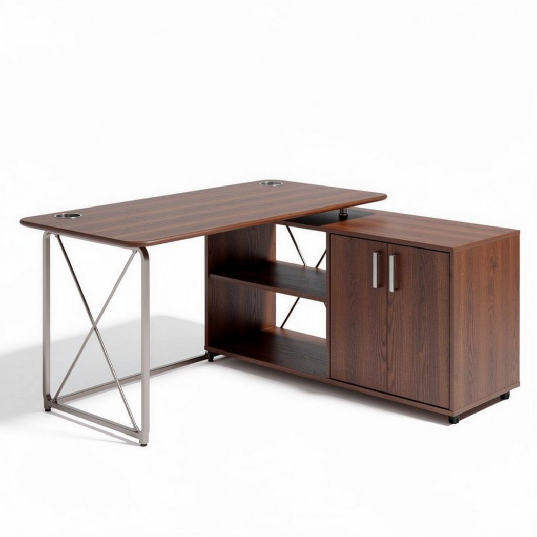 L-shaped desk with storage cabinet in walnut finish and metal frame 150 x 75 x 75cm