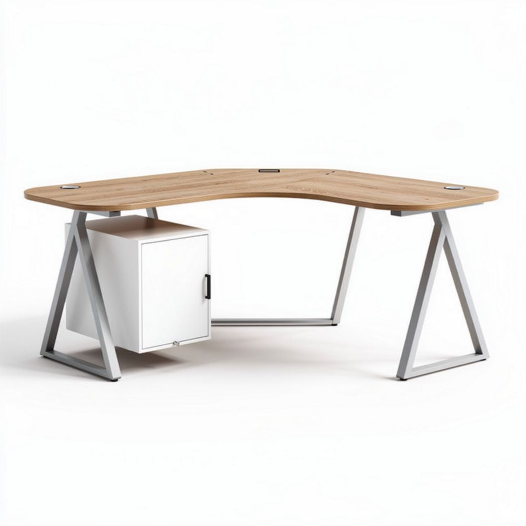 Corner desk with wooden top and metal legs featuring storage cabinet 150 x 90 x 75cm