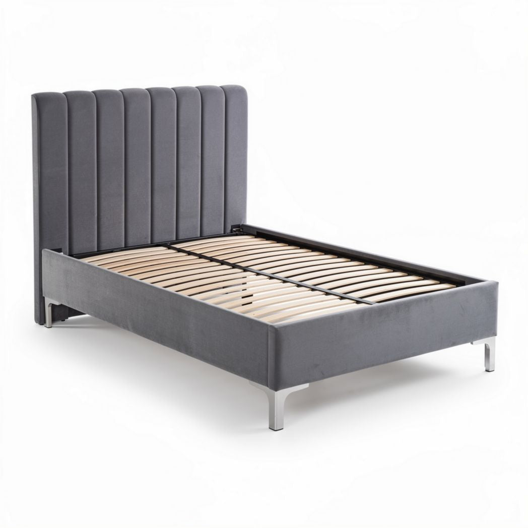 Fabric upholstered bed frame with slatted base and metal legs 200 x 160 x 100cm