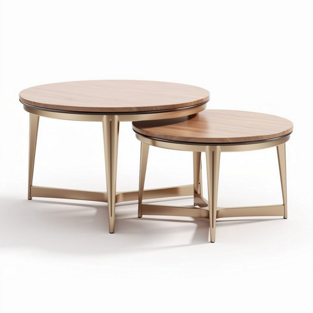 Round wooden nesting coffee tables with metal legs in gold 40 x 40 x 45cm