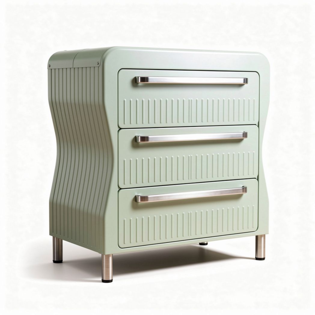Three drawer storage cabinet with curved design and metal handles in mint green 60 x 45 x 80cm
