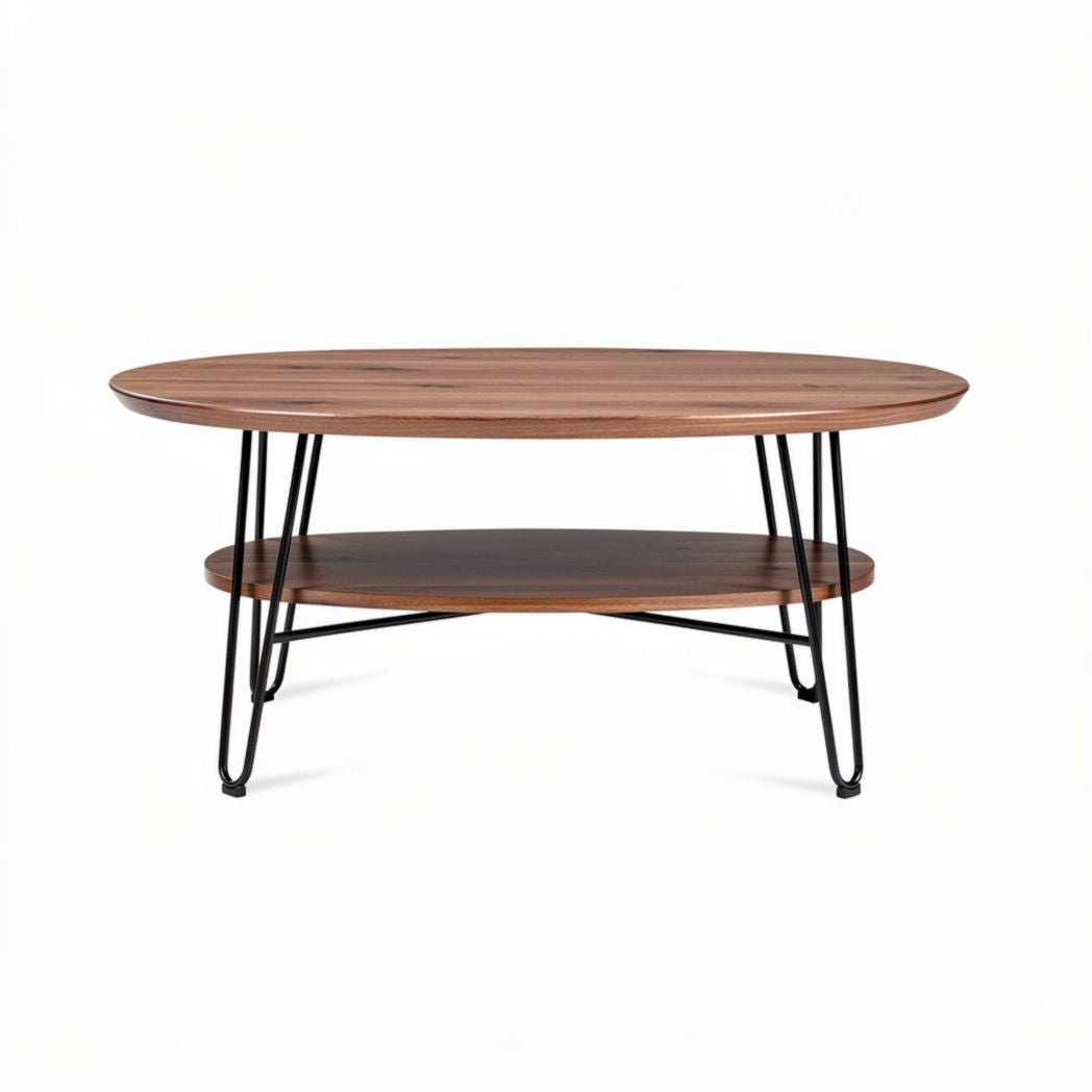 Wooden coffee table with metal legs and lower shelf 42 x 24 x 18 inches
