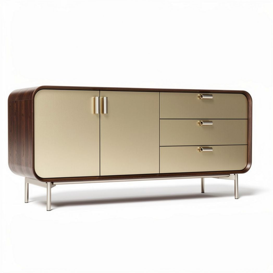 Wooden sideboard with gold finish doors and three drawers 150 x 45 x 70cm