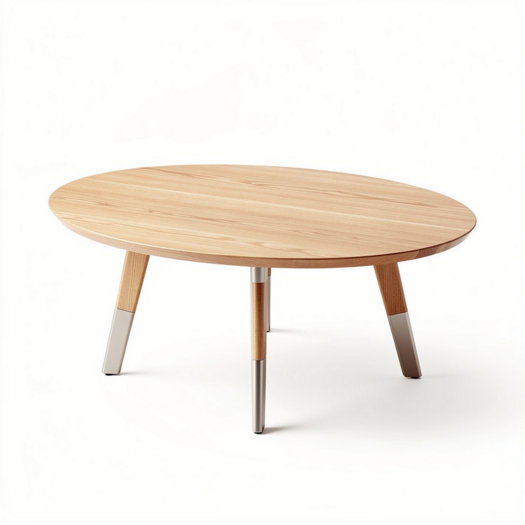 Round wooden coffee table with silver metal legs 60 x 60 x 40cm